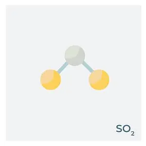 SO2 is a dense, colorless, toxic, non-flammable, reactive gas composed of one sulfur atom bonded to two oxygen atoms.