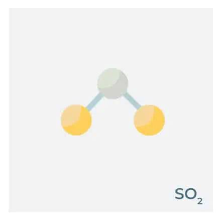 SO2 is a dense, colorless, toxic, non-flammable, reactive gas composed of one sulfur atom bonded to two oxygen atoms.