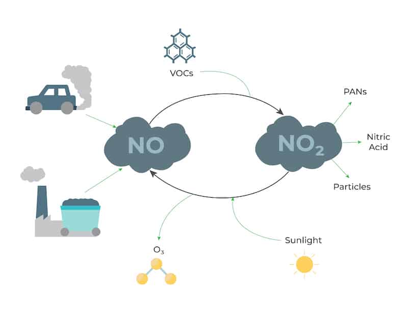 Nitric oxide rapidly reacts with oxygen in the atmosphere to form N