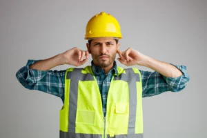 Construction workers wearing ear protection on a construction site